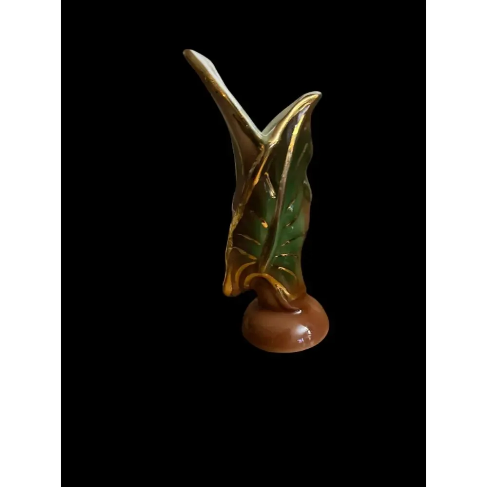 Vintage 1950s Schafer Pottery Vase 23K Gold Accents Banana Leaf 7” Tall
